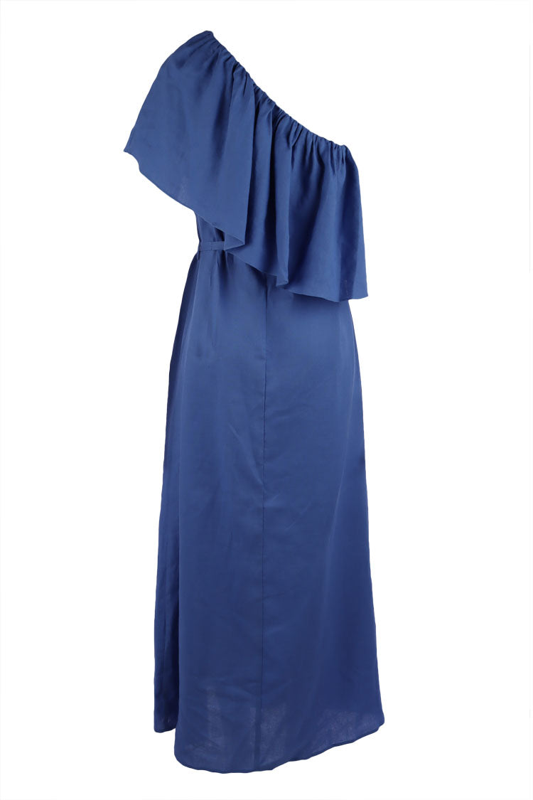 Quinn Linen One Shoulder Dress in Marine