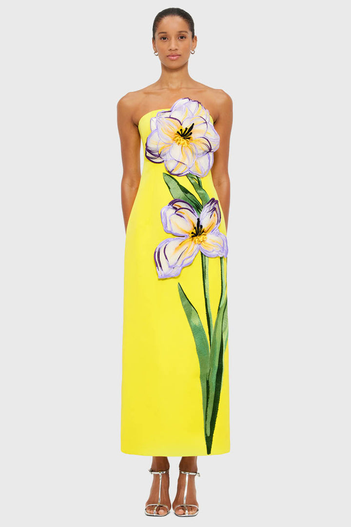 Rayna Applique Floral Maxi Dress - Iris Print in Yellow