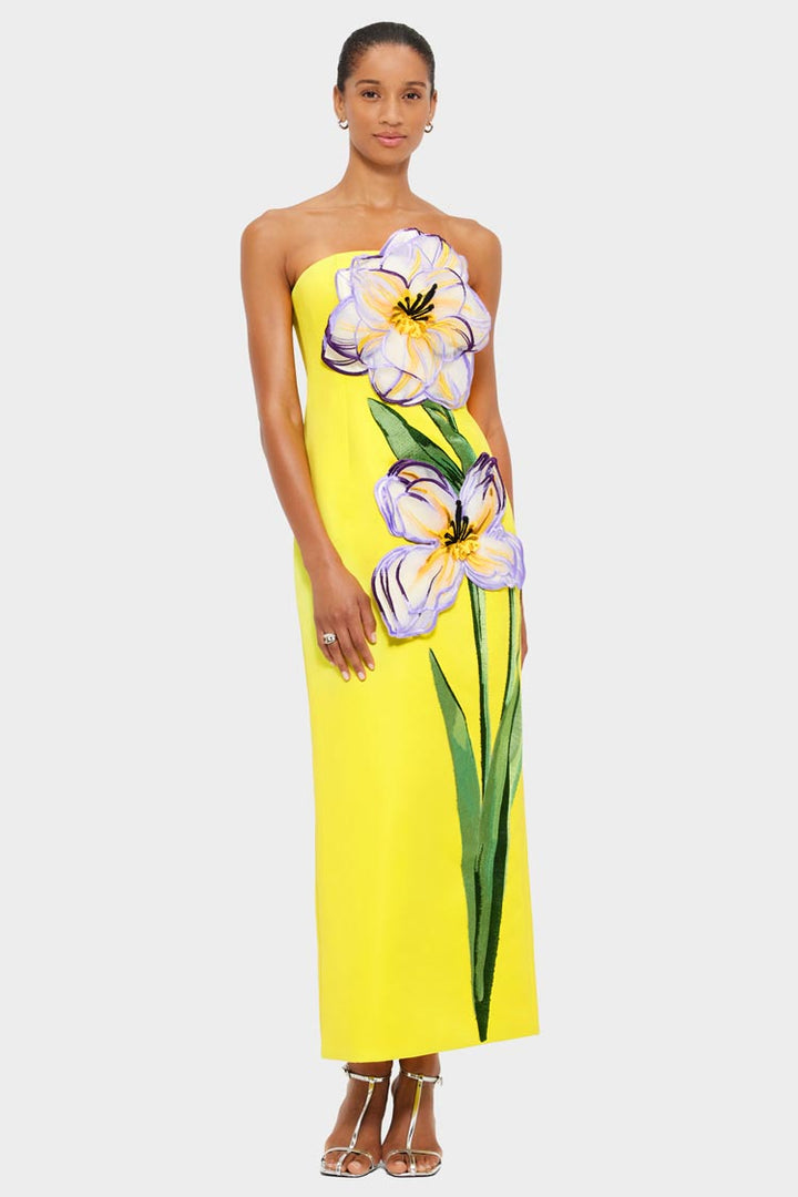 Rayna Applique Floral Maxi Dress - Iris Print in Yellow