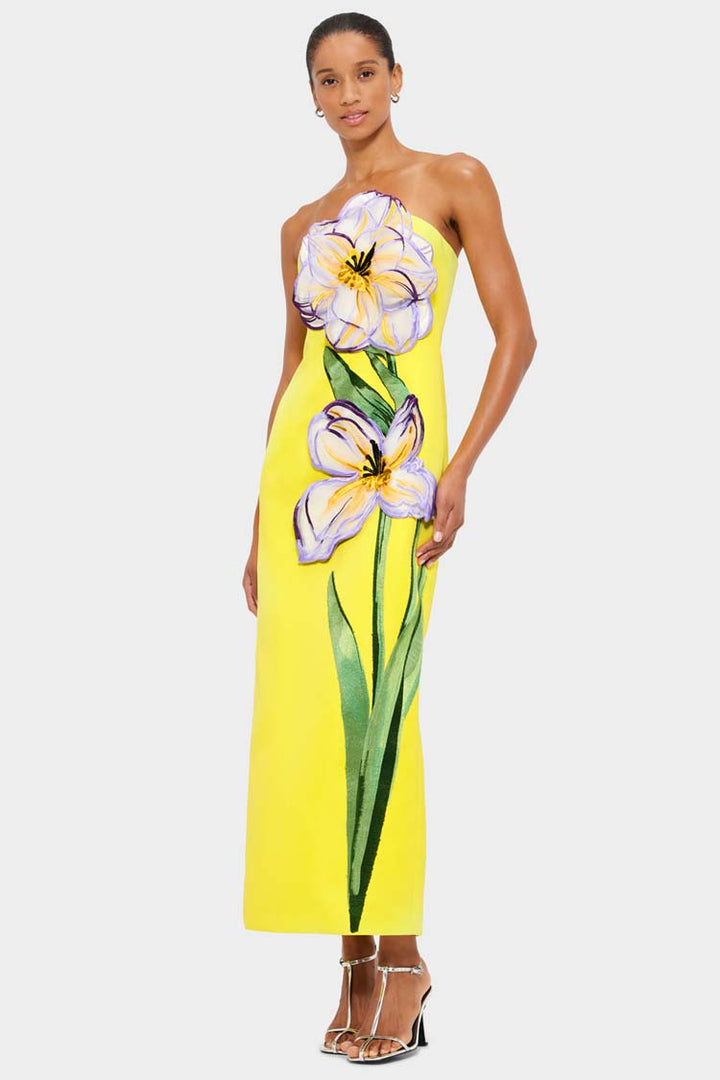 Rayna Applique Floral Maxi Dress - Iris Print in Yellow