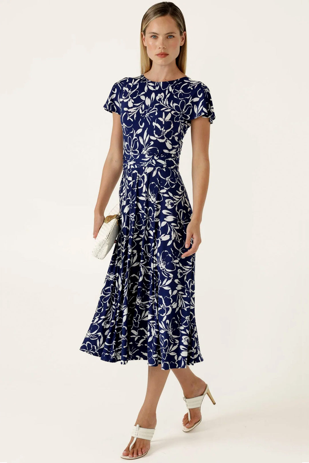 Reverse Wrap Midi Dress in Navy White Floral