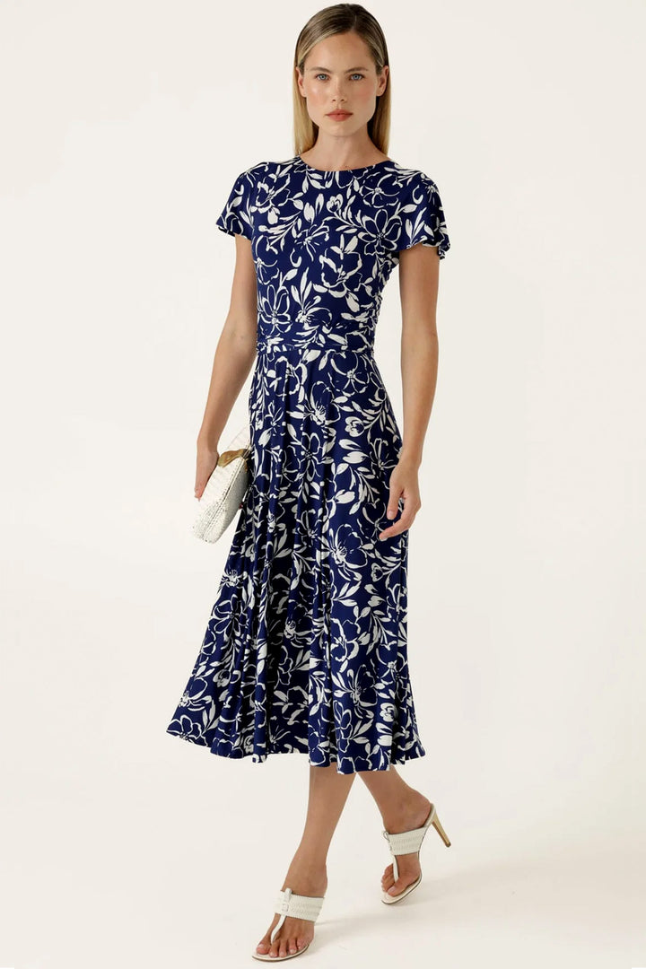 Reverse Wrap Midi Dress in Navy White Floral