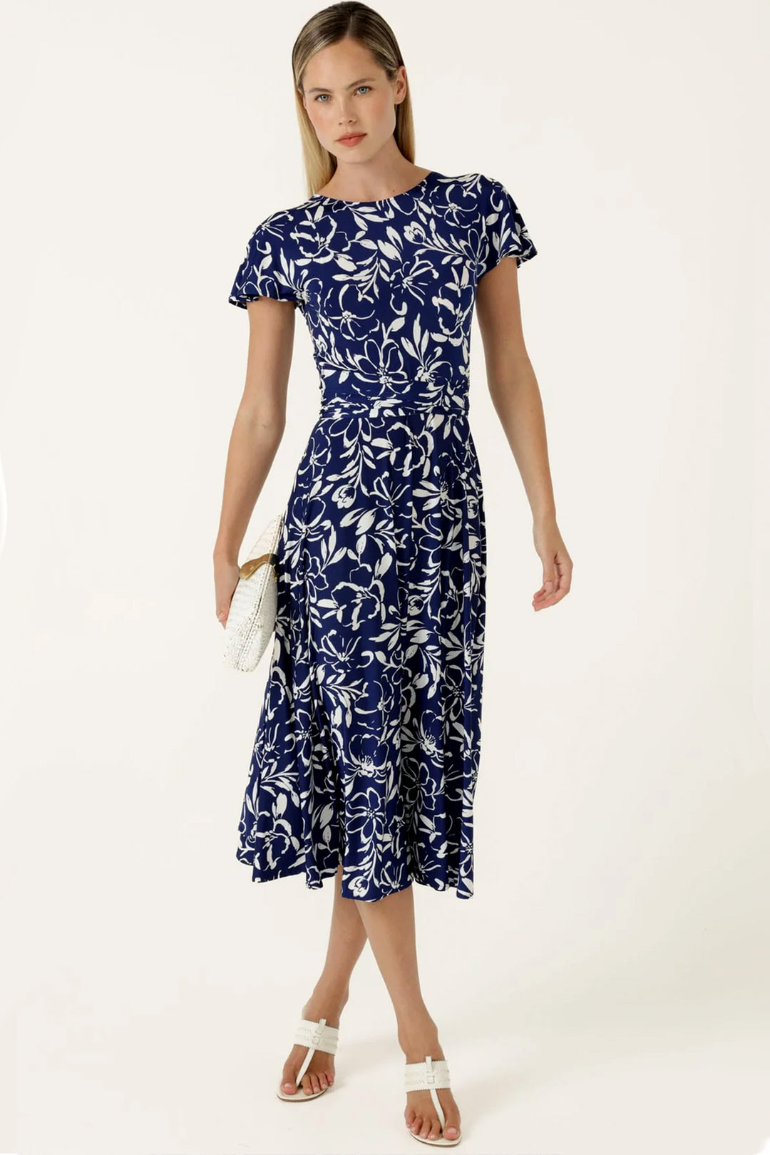 Reverse Wrap Midi Dress in Navy White Floral