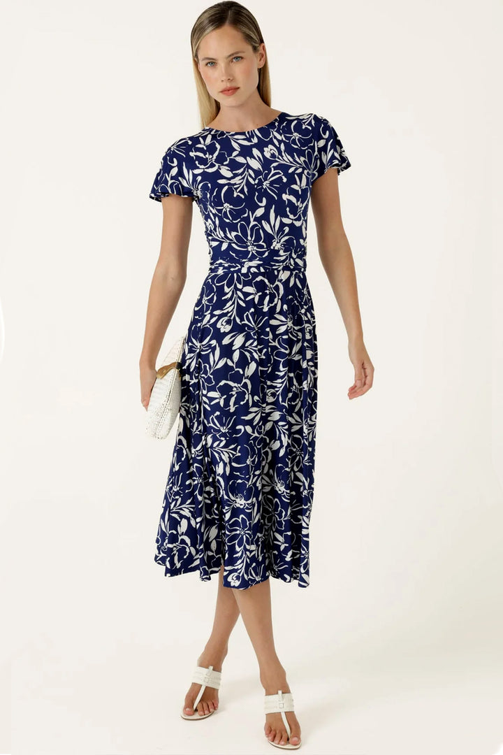 Reverse Wrap Midi Dress in Navy White Floral
