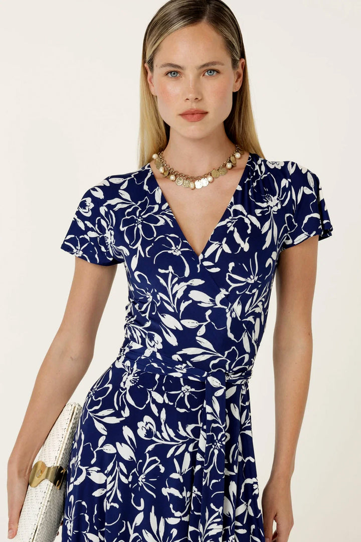 Reverse Wrap Midi Dress in Navy White Floral