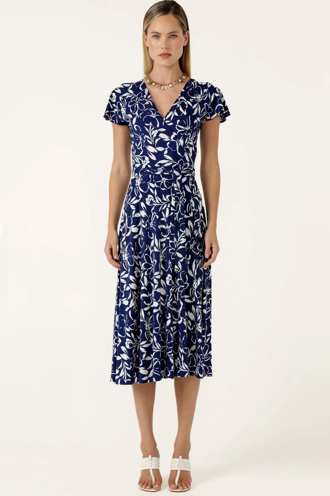 Reverse Wrap Midi Dress in Navy White Floral