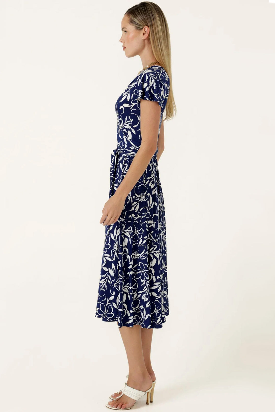 Reverse Wrap Midi Dress in Navy White Floral