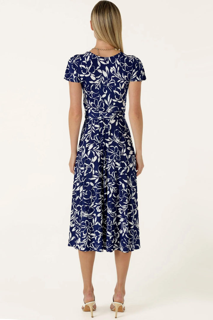 Reverse Wrap Midi Dress in Navy White Floral