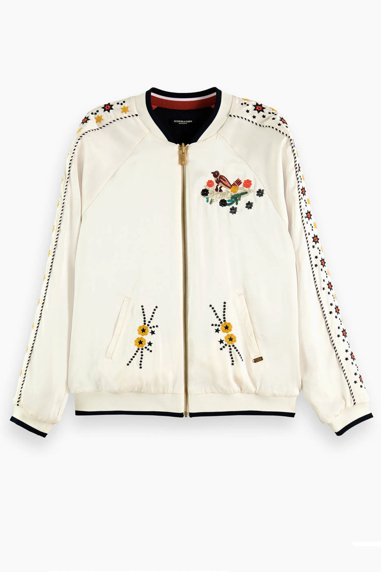 Reversible Embroidered Bomber Jacket in Ecru