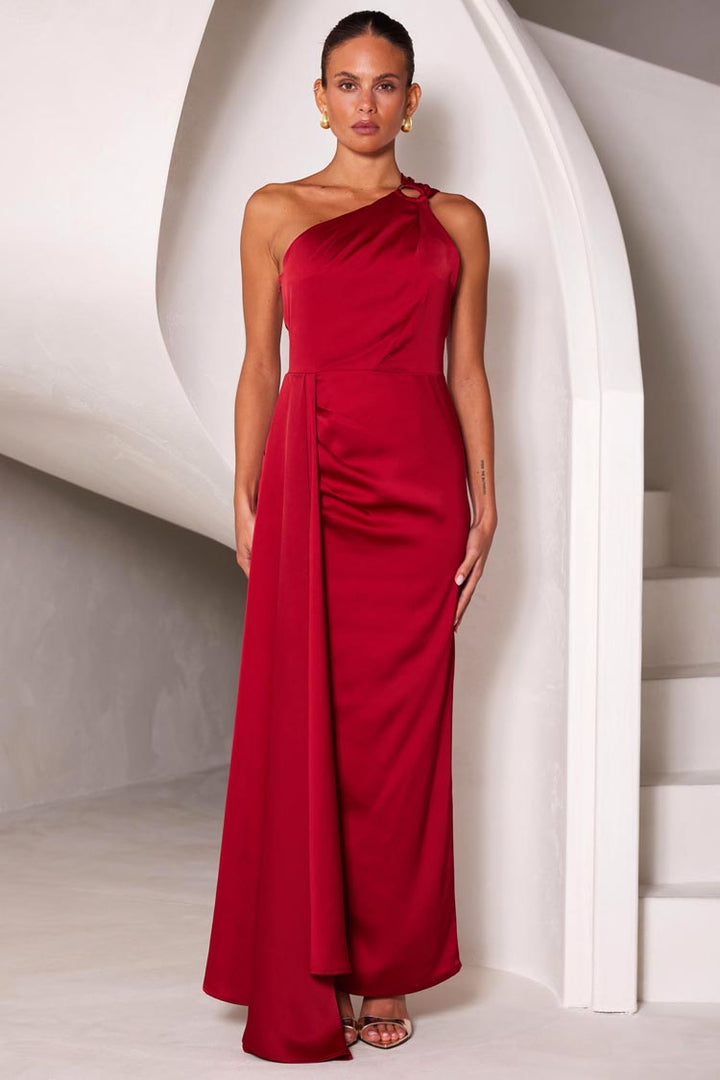 Rhea One Shoulder Gown in Wine