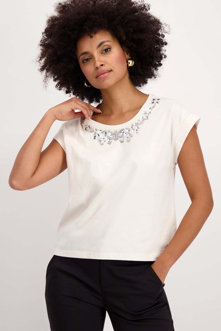 Rhinestone Neckline SS T-Shirt in Seashell