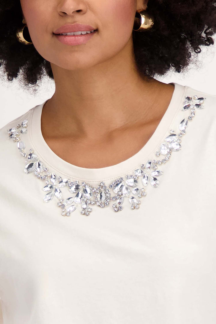 Rhinestone Neckline SS T-Shirt in Seashell