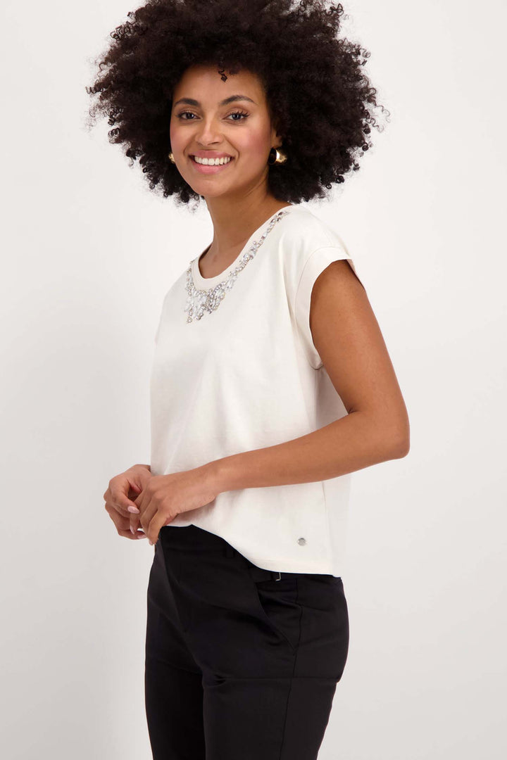 Rhinestone Neckline SS T-Shirt in Seashell