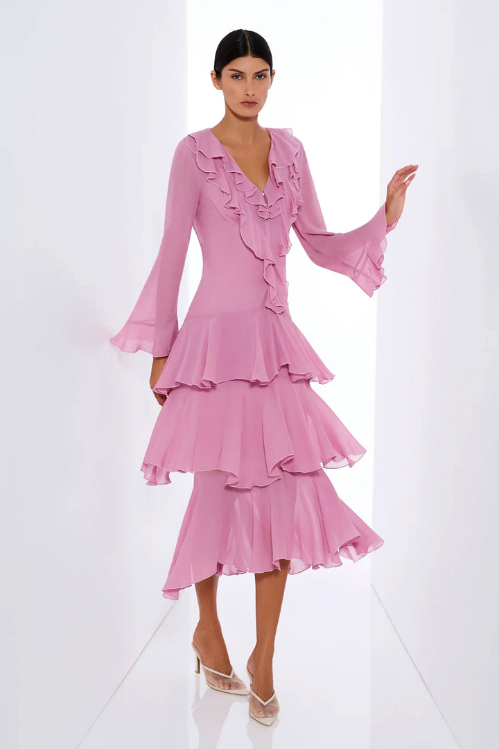 Rosa Tiered Midi Dress in Lilac Pink