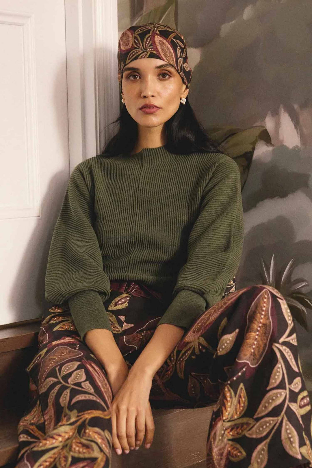 Roselle Merino Wool Ribbed Knit Top in Winter Moss