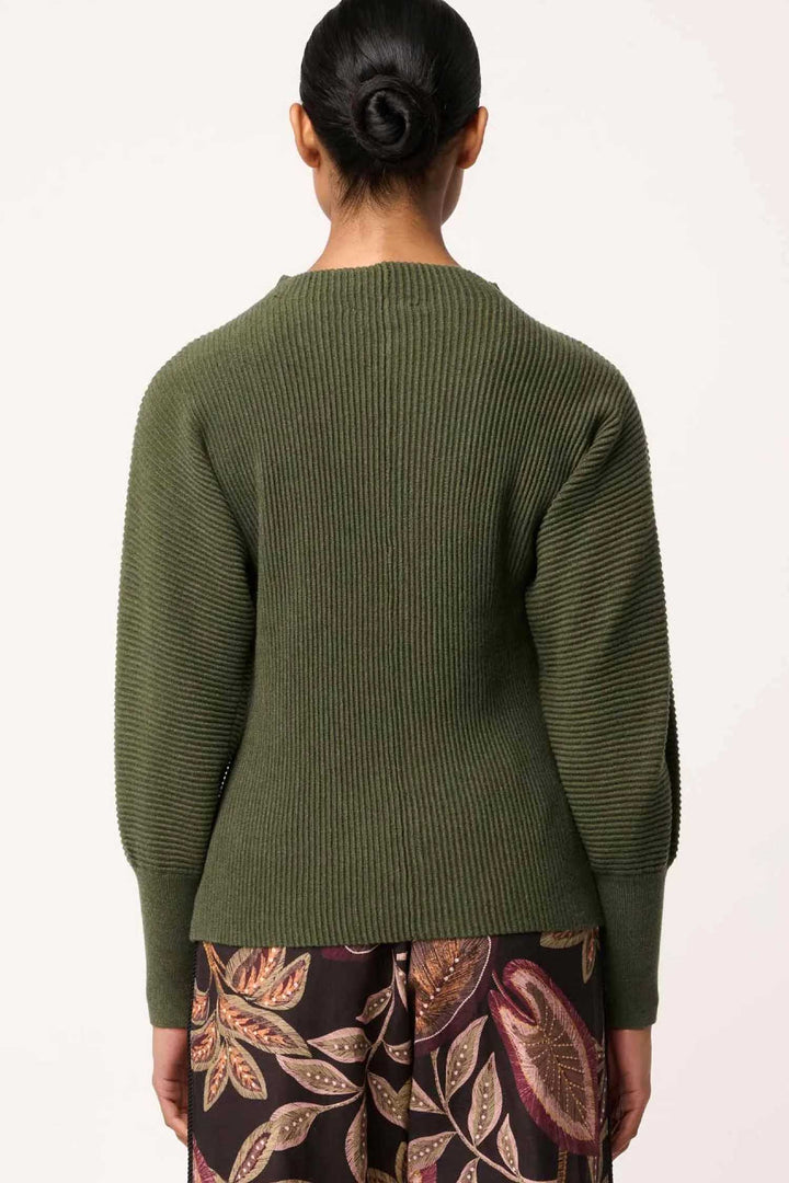 Roselle Merino Wool Ribbed Knit Top in Winter Moss