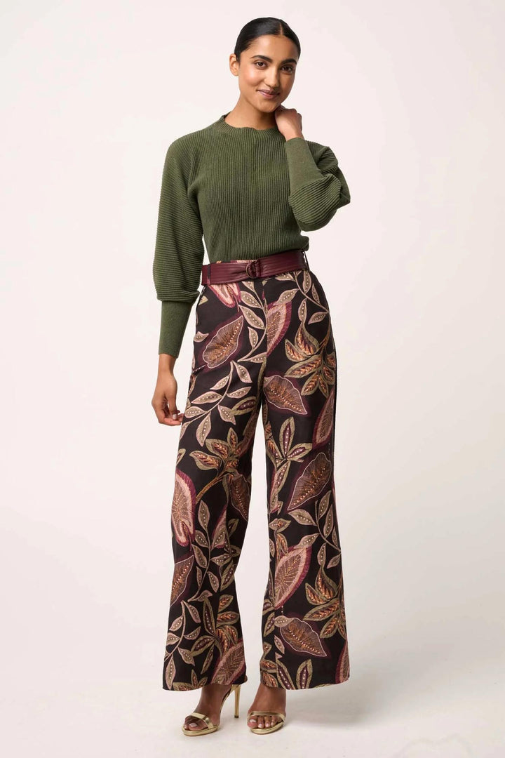 Roselle Merino Wool Ribbed Knit Top in Winter Moss