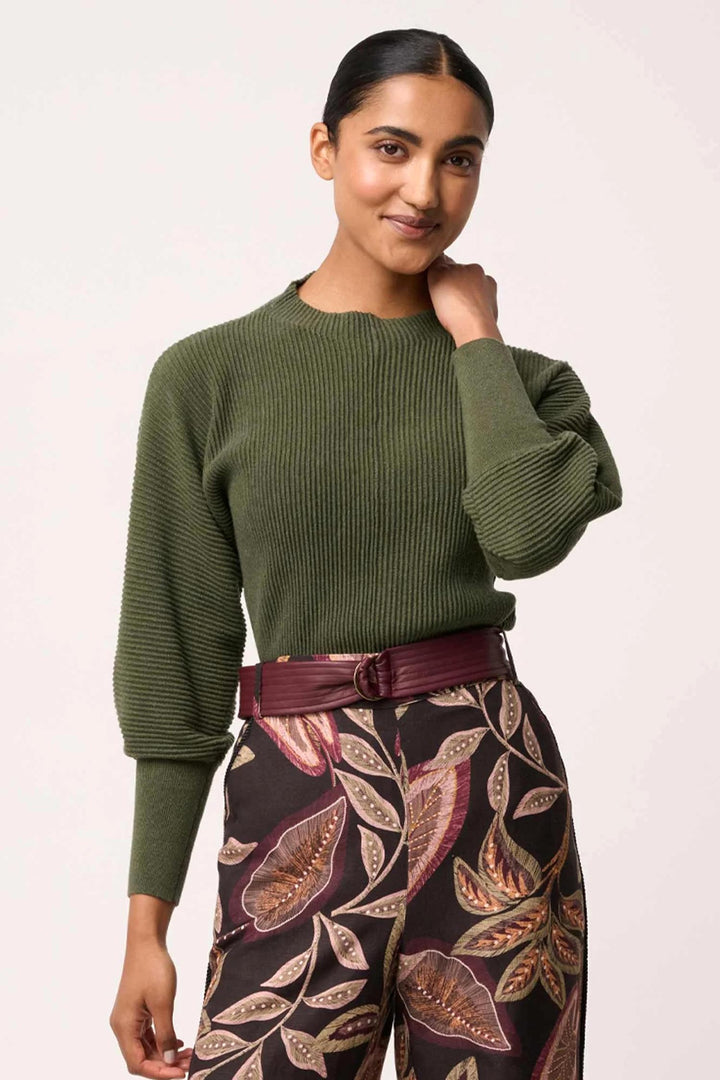 Roselle Merino Wool Ribbed Knit Top in Winter Moss