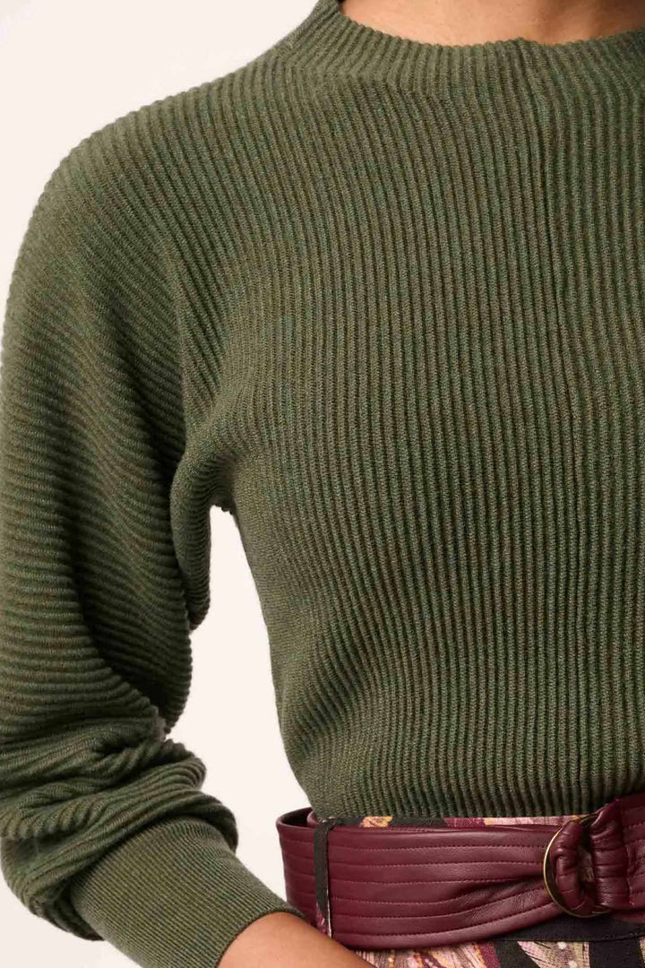 Roselle Merino Wool Ribbed Knit Top in Winter Moss