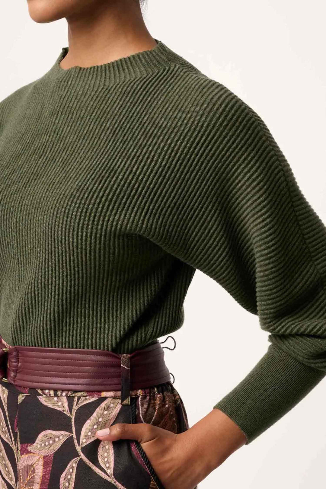 Roselle Merino Wool Ribbed Knit Top in Winter Moss