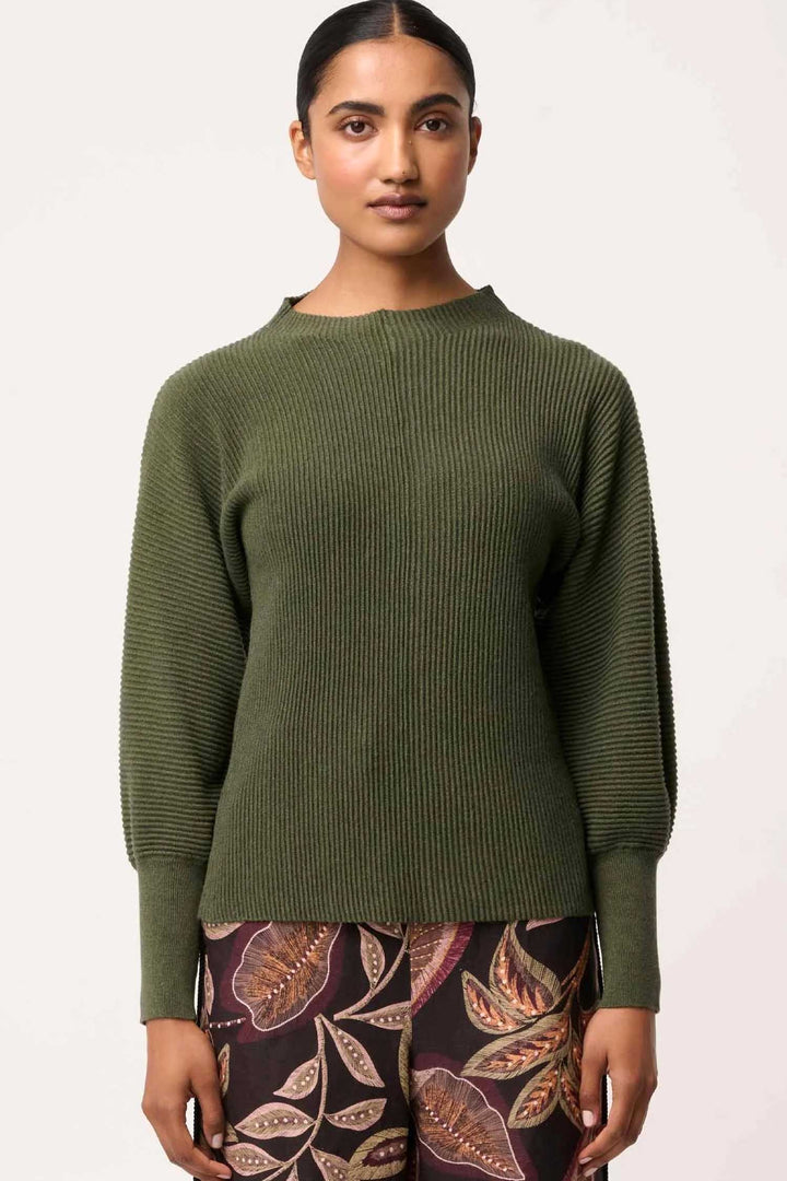 Roselle Merino Wool Ribbed Knit Top in Winter Moss