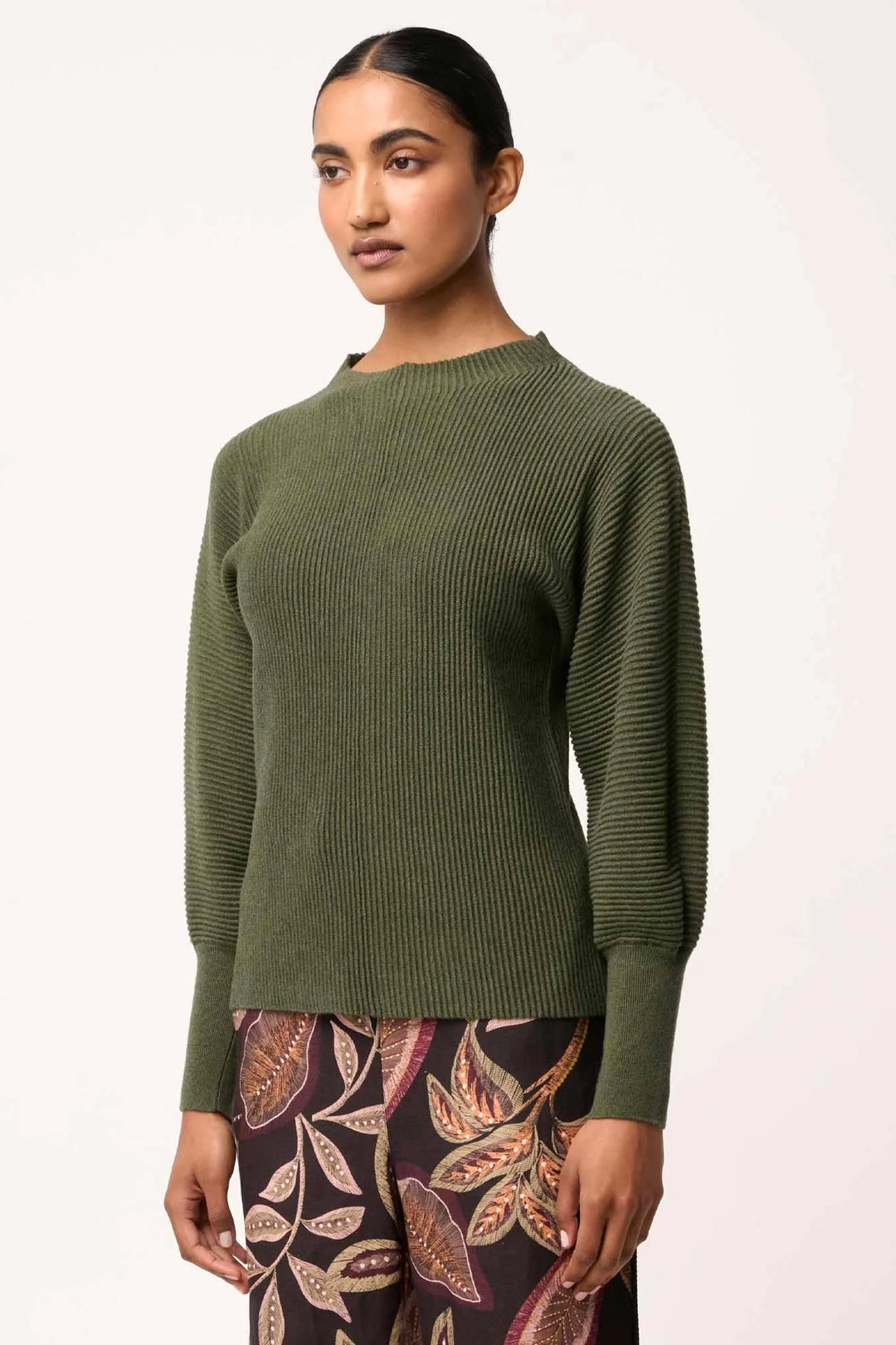 Roselle Merino Wool Ribbed Knit Top in Winter Moss