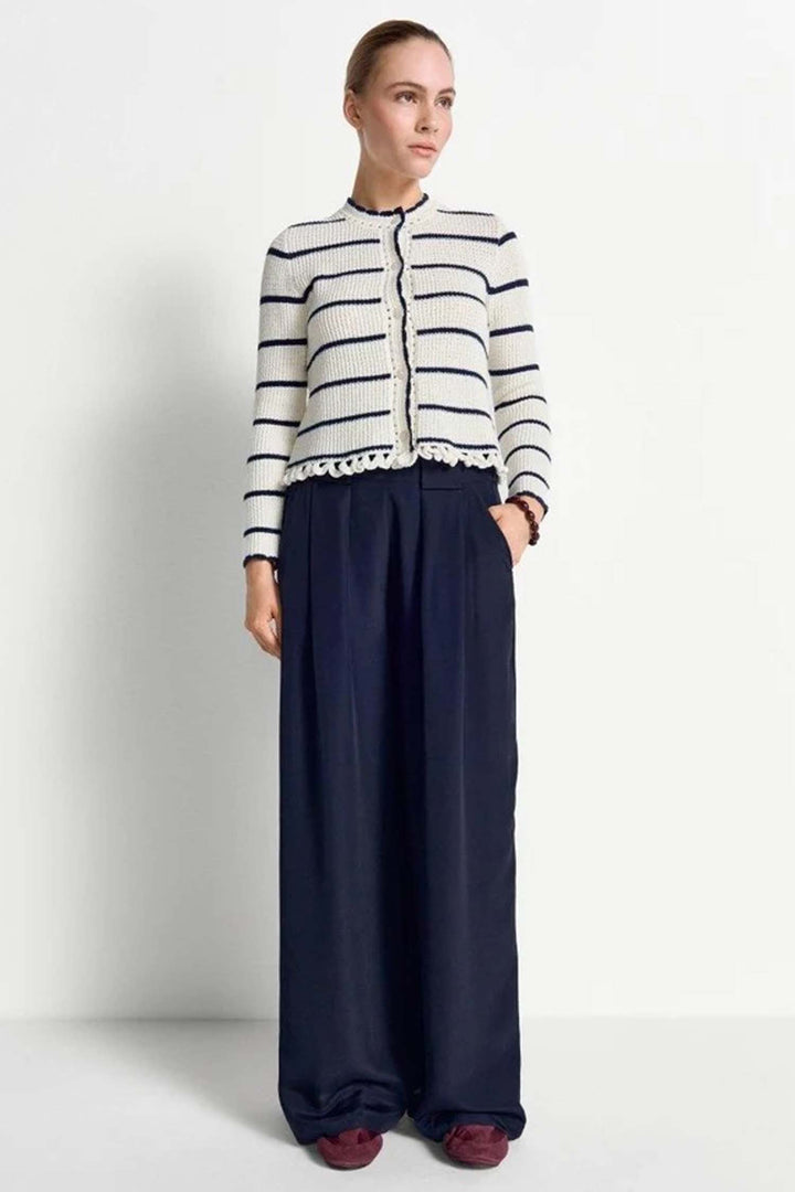 Round Neck Cardigan w Looped Fringes in Pearl