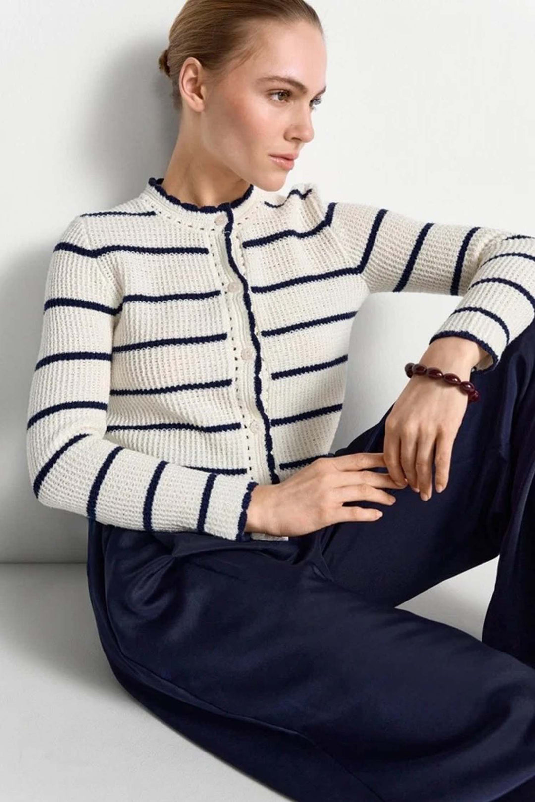 Round Neck Cardigan w Looped Fringes in Pearl