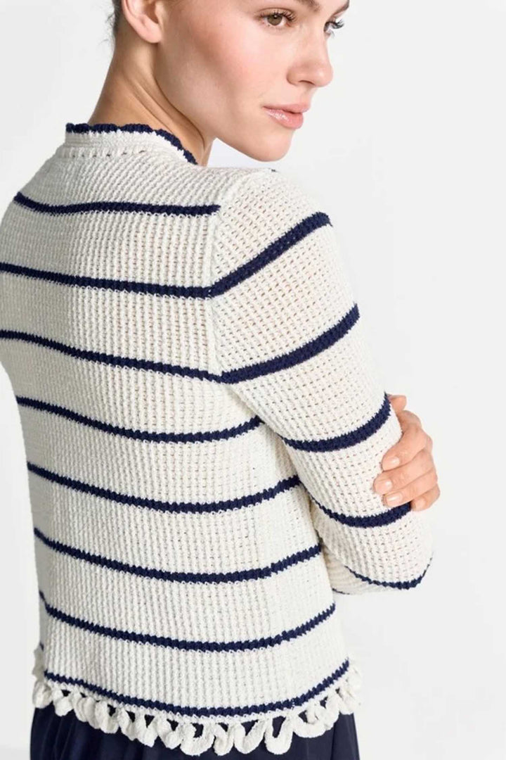 Round Neck Cardigan w Looped Fringes in Pearl