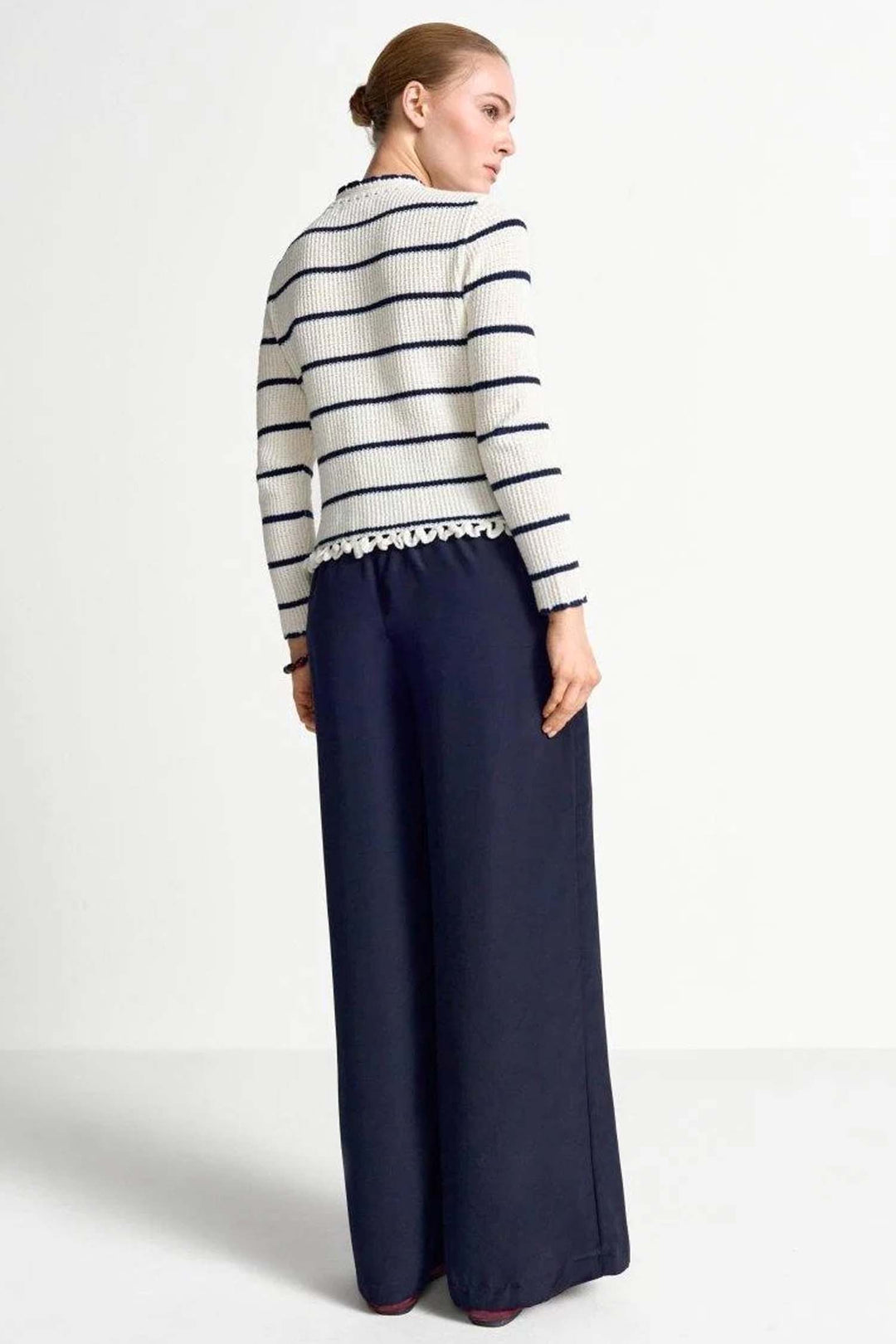 Round Neck Cardigan w Looped Fringes in Pearl