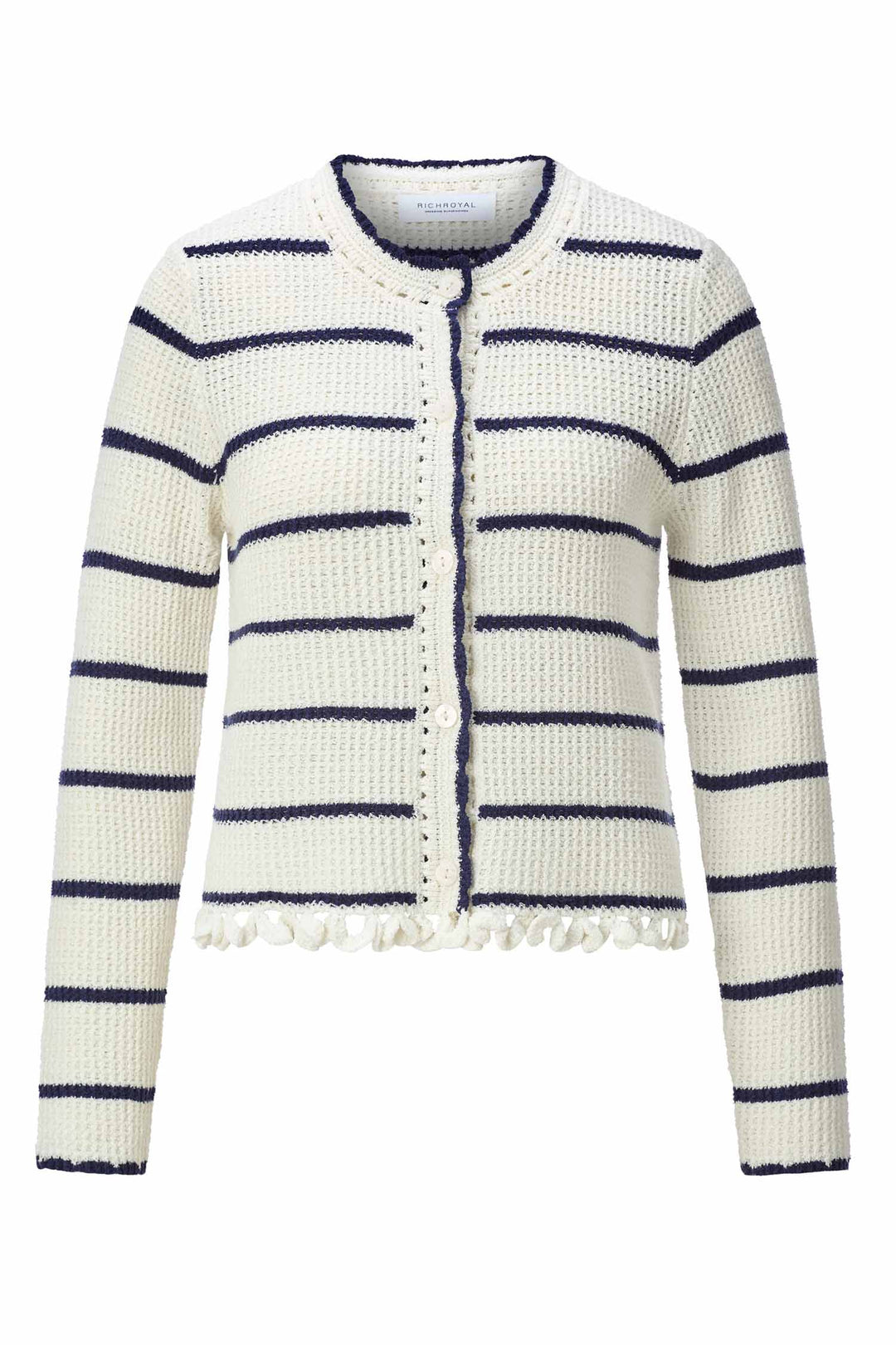 Round Neck Cardigan w Looped Fringes in Pearl