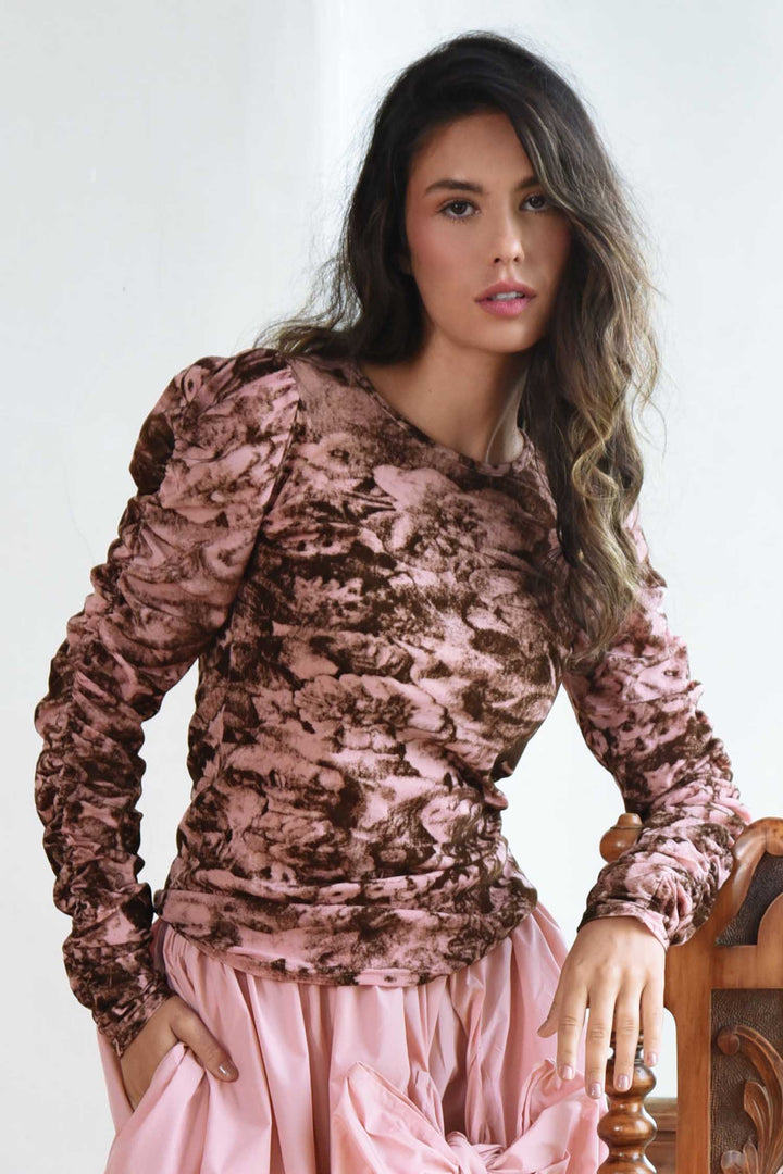 Ruche The Day Top in Pink Brown