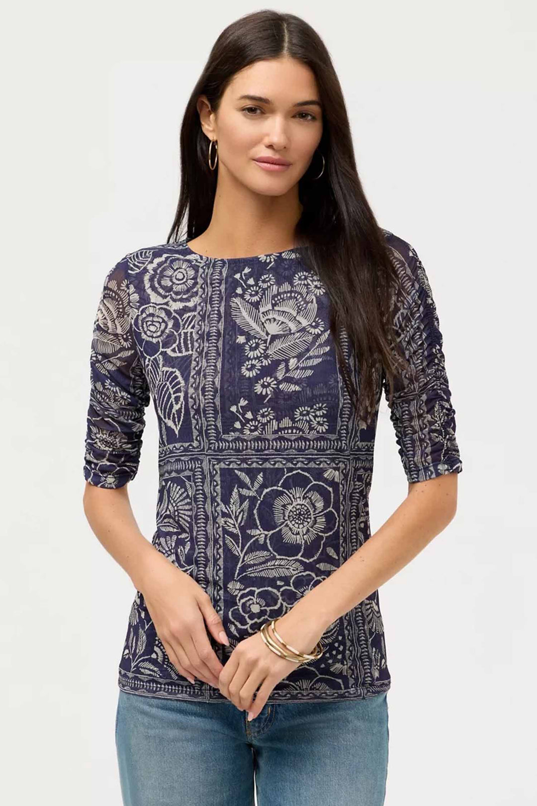 Ruched Sleeve Mesh Top in Vaelis