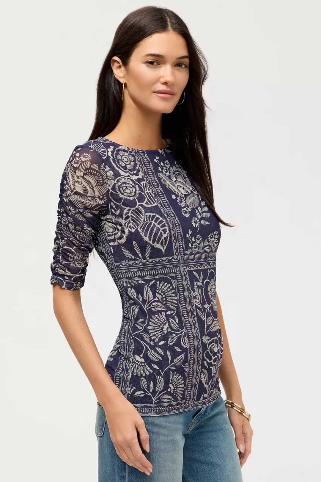 Ruched Sleeve Mesh Top in Vaelis