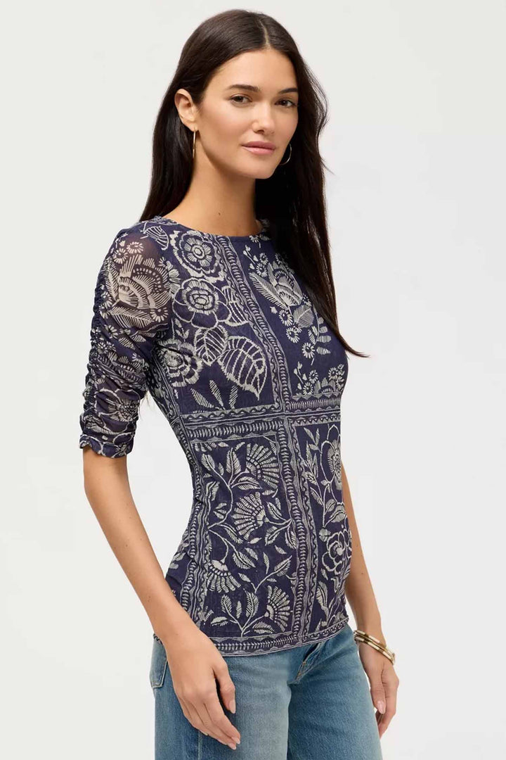 Ruched Sleeve Mesh Top in Vaelis