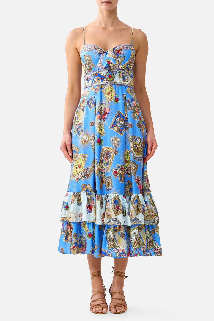 Ruffle Hem Tie Front Midi Dress in Verses In Vintage