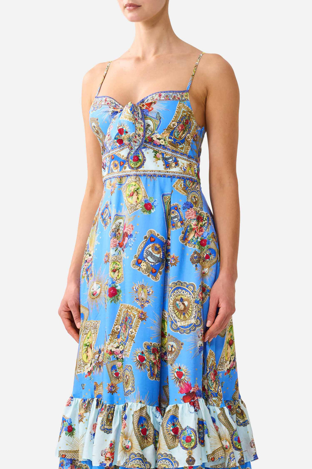 Ruffle Hem Tie Front Midi Dress in Verses In Vintage