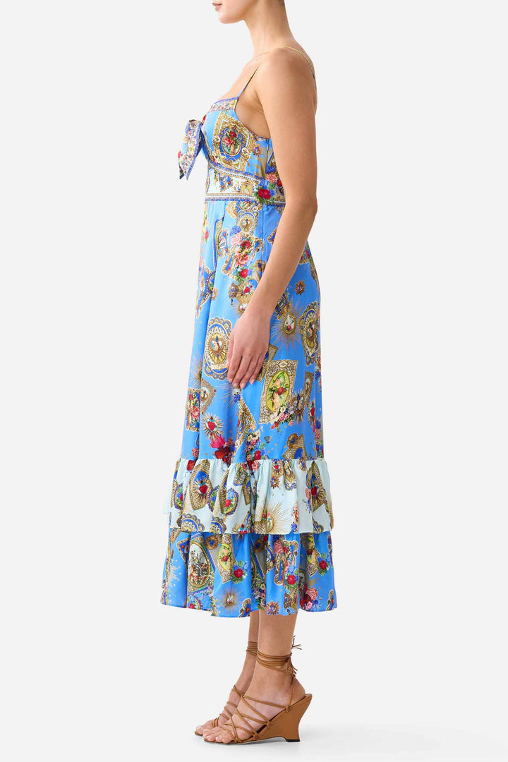 Ruffle Hem Tie Front Midi Dress in Verses In Vintage