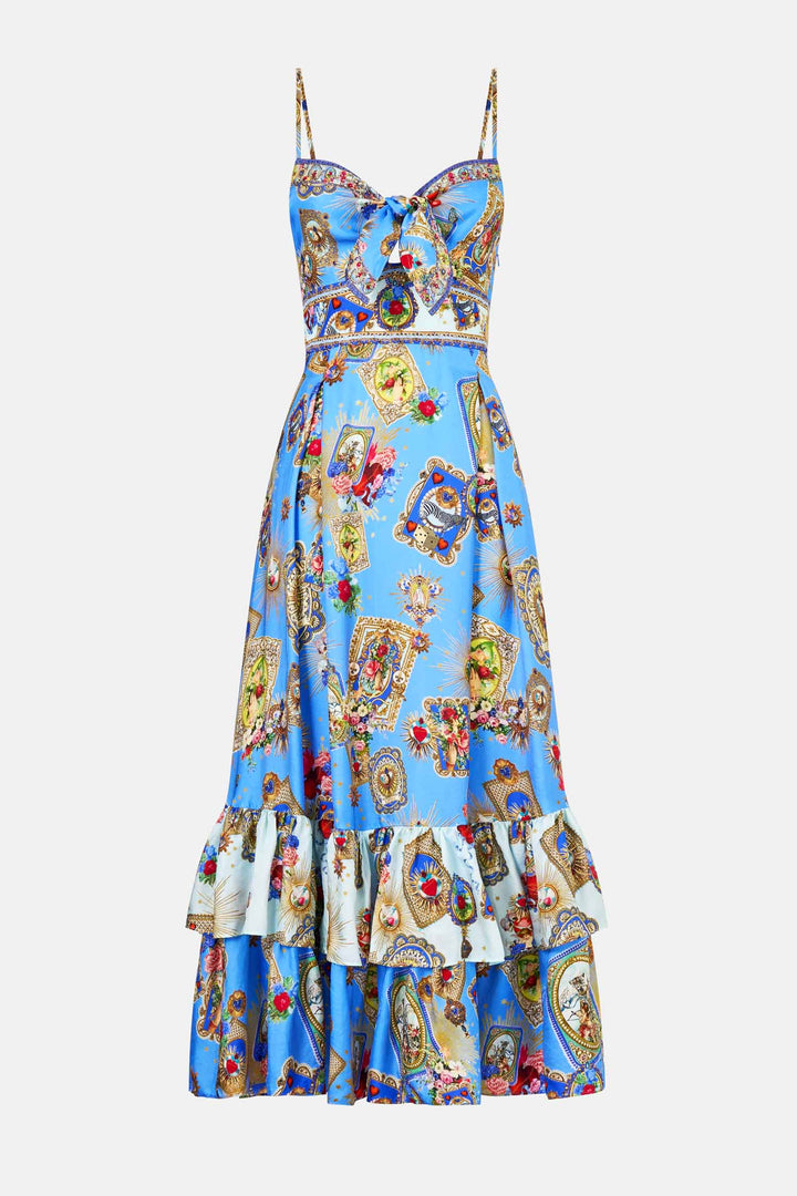 Ruffle Hem Tie Front Midi Dress in Verses In Vintage
