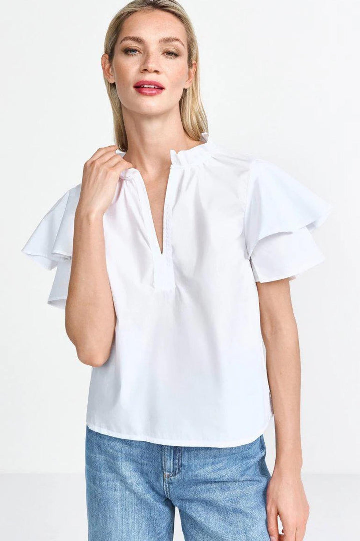 SS Blouse w Ruffled Collar in White