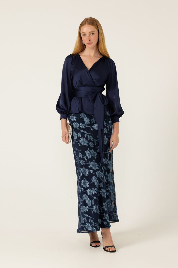 Satin Faux Wrap Top in Navy