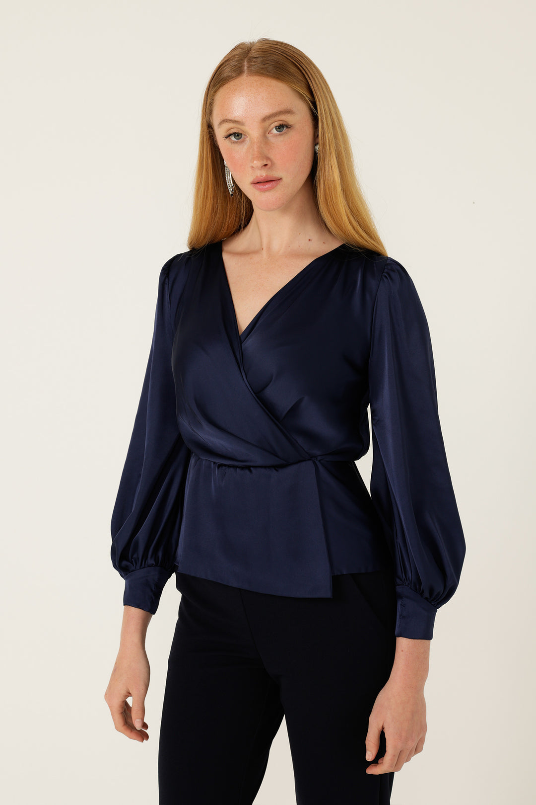 Satin Faux Wrap Top in Navy
