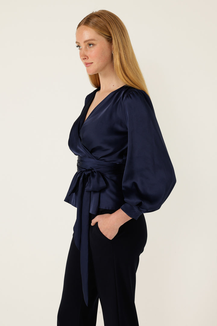Satin Faux Wrap Top in Navy