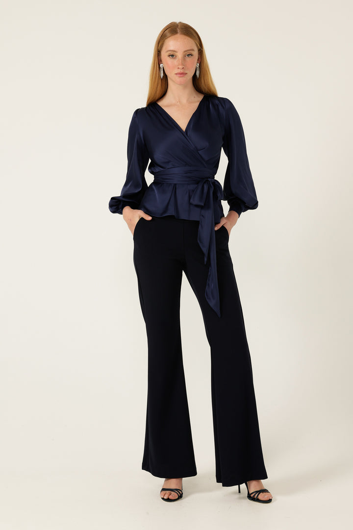 Satin Faux Wrap Top in Navy