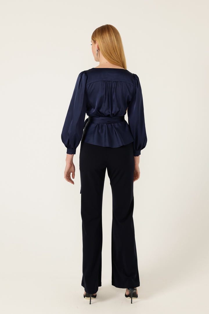 Satin Faux Wrap Top in Navy