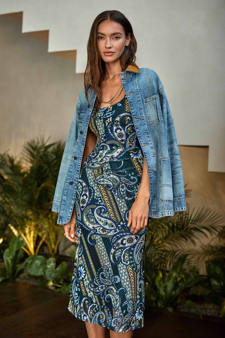 Scoop Neck Ruched Front Mesh Midi Dress in Montecito