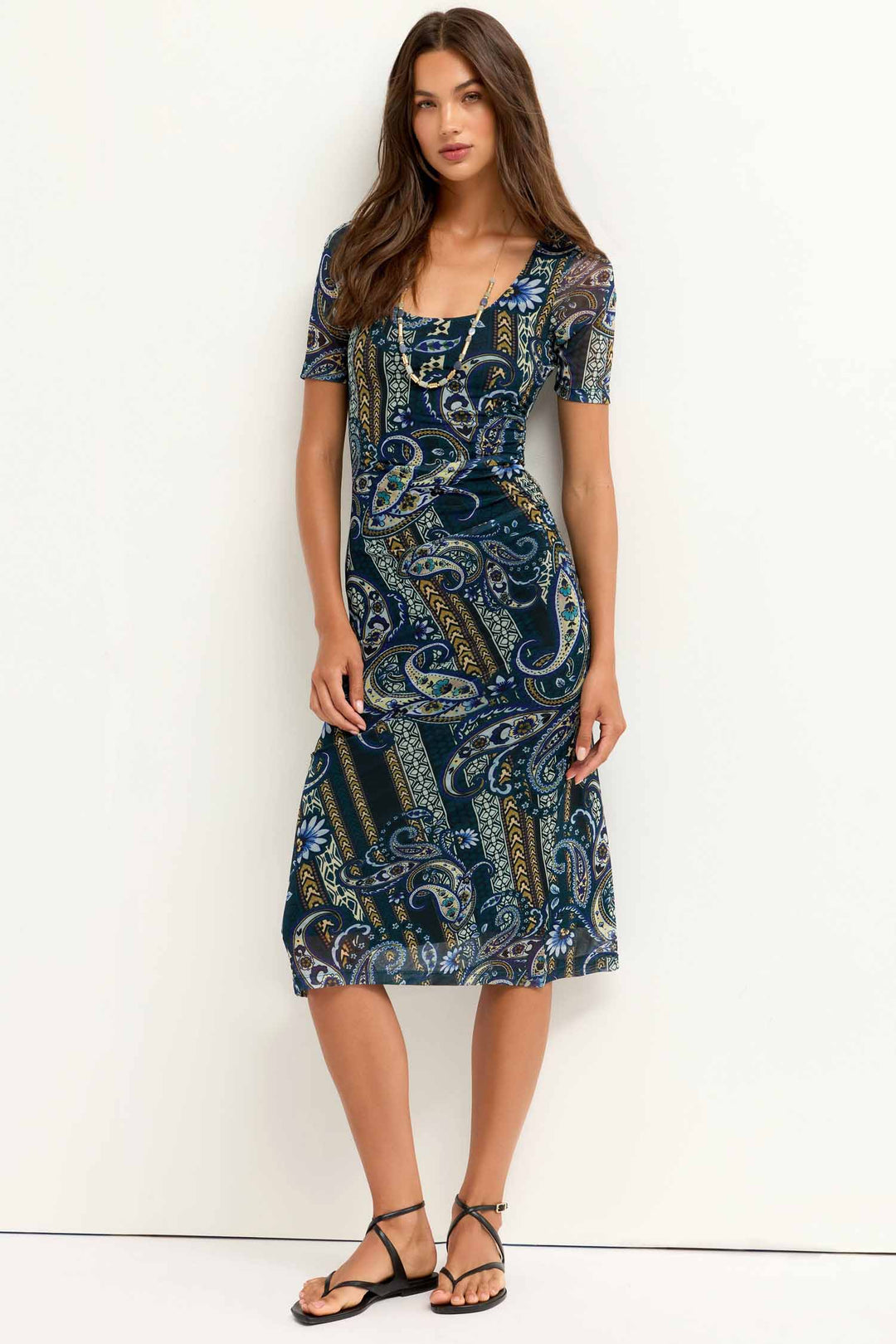 Scoop Neck Ruched Front Mesh Midi Dress in Montecito