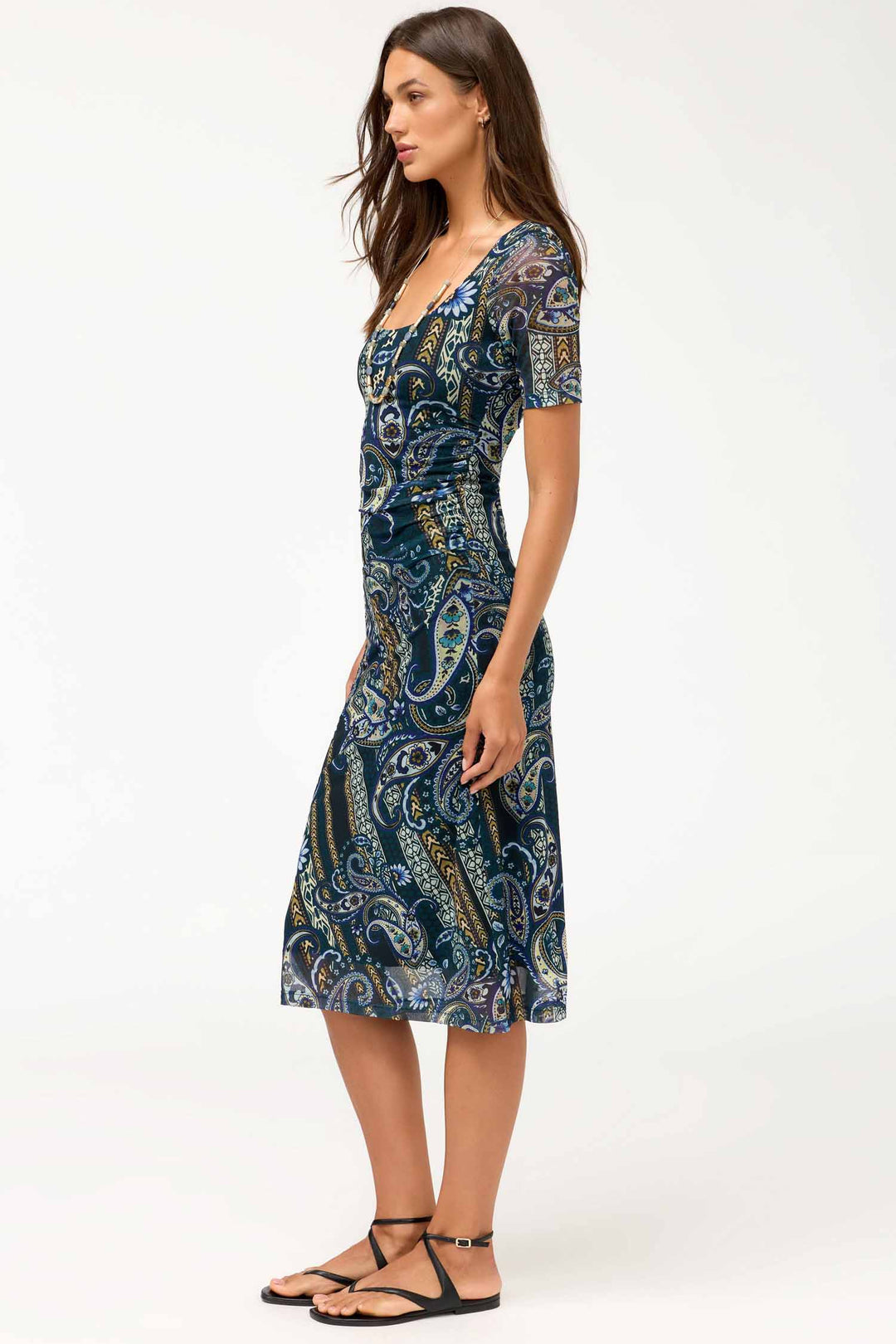 Scoop Neck Ruched Front Mesh Midi Dress in Montecito