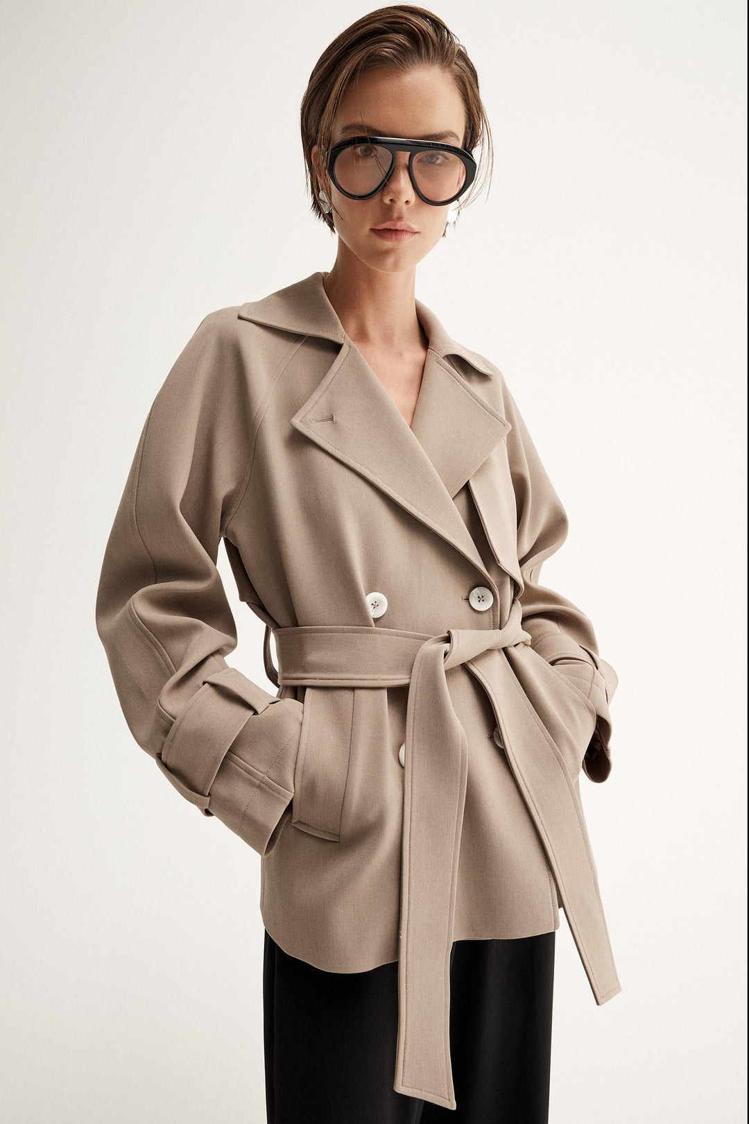 Selena Cropped Trench Coat in Taupe