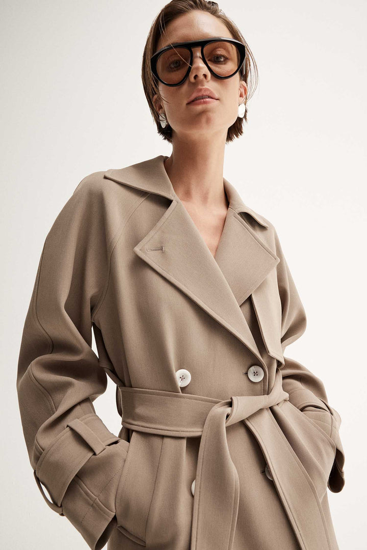 Selena Cropped Trench Coat in Taupe